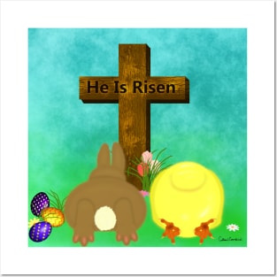 He Is Risen! The Easter Bunny and Chick Bow to Cross Posters and Art